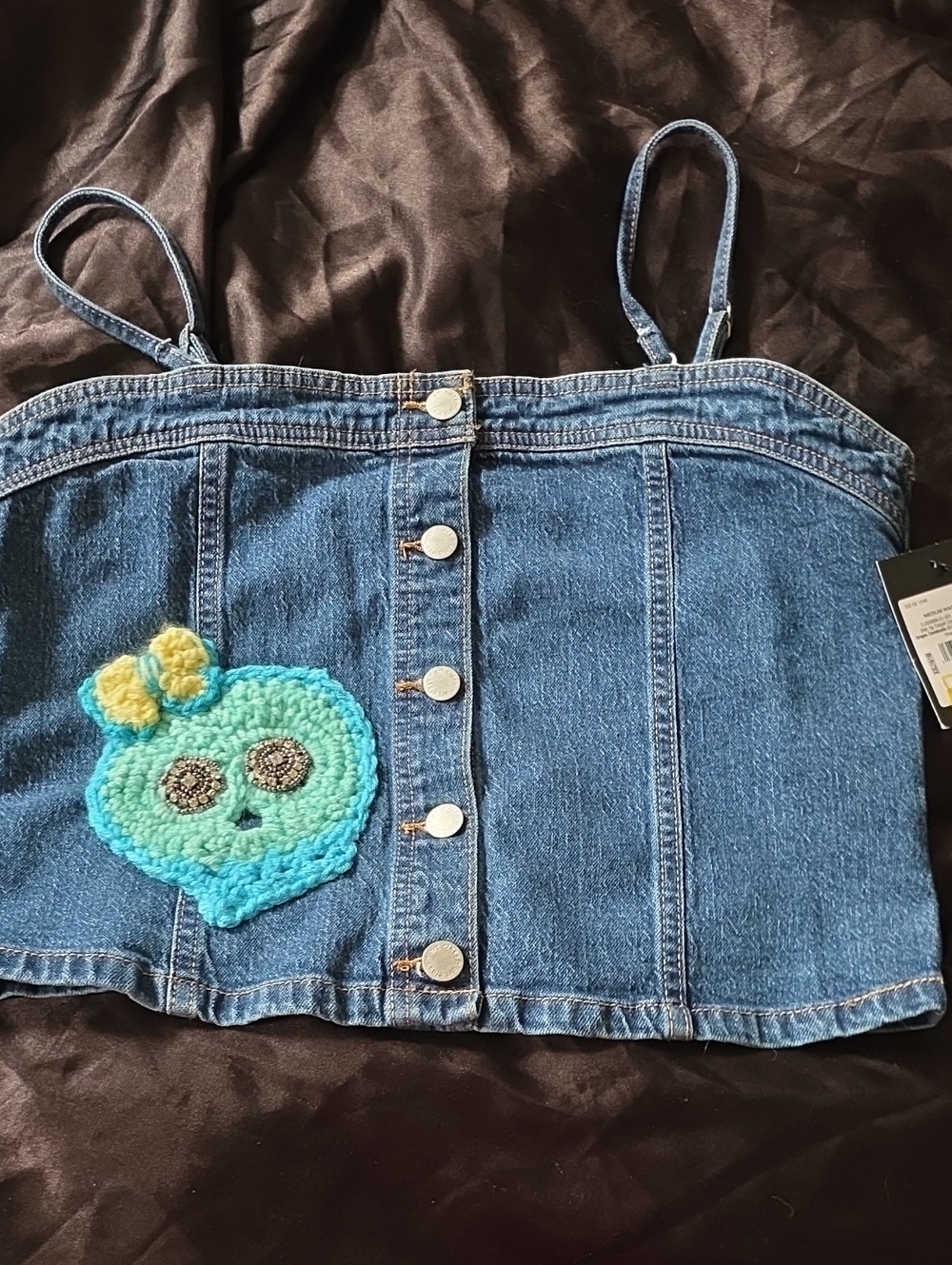 art class Blue Denim Button-Front Tank with Turquoise Crochet Patch